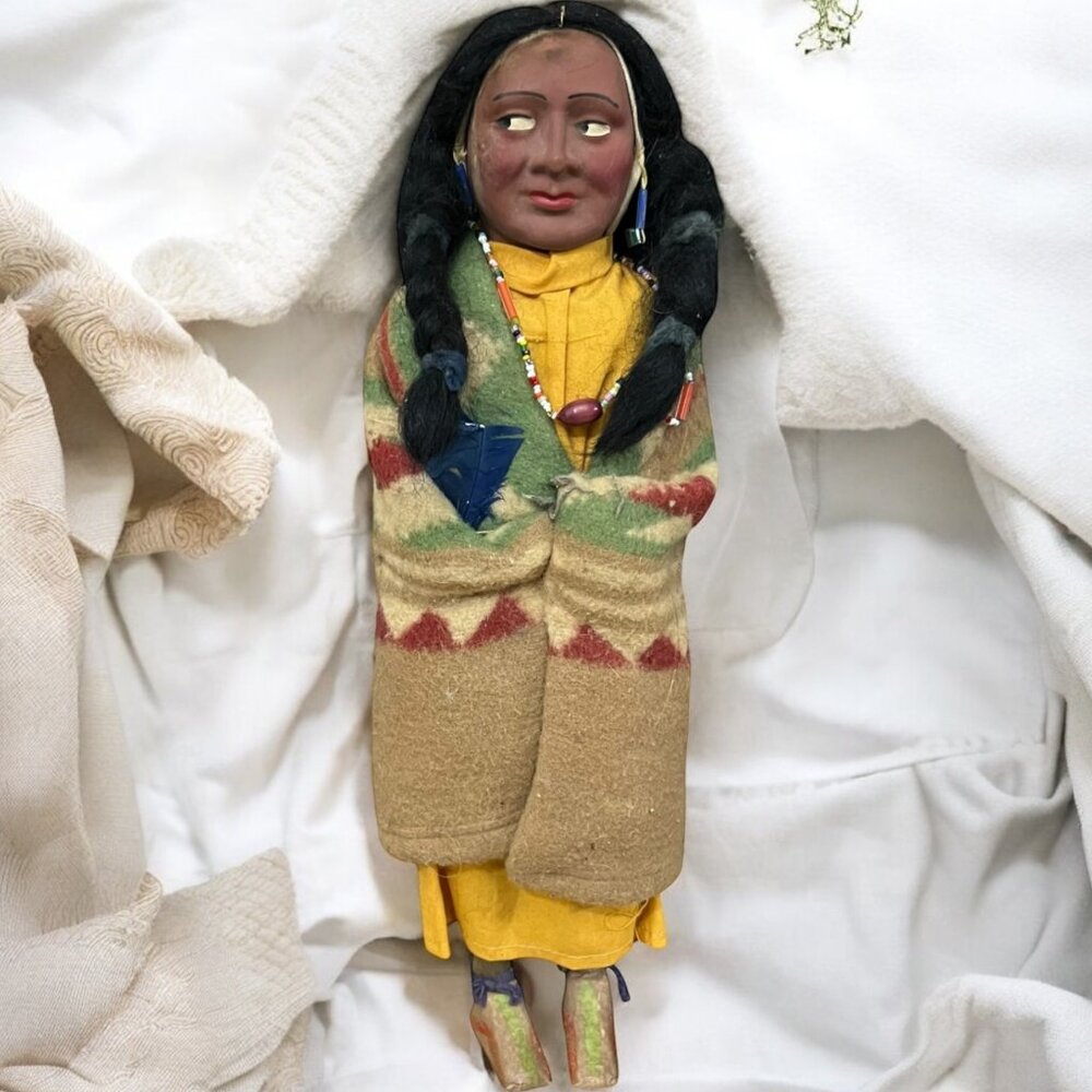 Antique Skookum Doll Mohair Braided Hair with Papoose  Clay Face‎ Wooden 1921